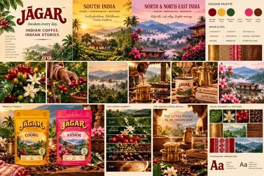 JĀGAR brand moodboard: colour palette, mood, product world and typography